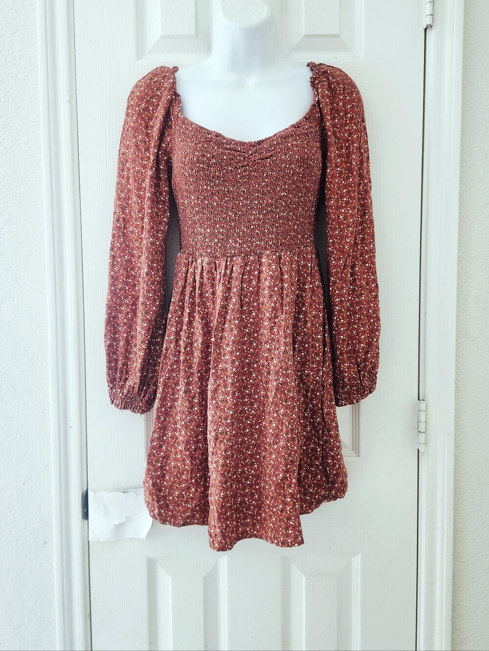 Rust Floral Smocked Long-Sleeve Mini Dress
